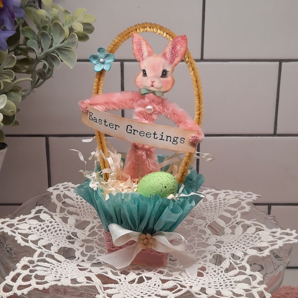 Vintage Style Chenille Easter Bunny in Basket, Handmade, Vintage Bunny Image, Pink and Turquoise, Vintage,Easter Assemblage,Easter Greetings