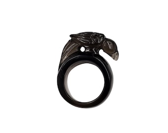 Handmade Smokey Quartz carved Parrot Ring: Natural Gemstone Carving