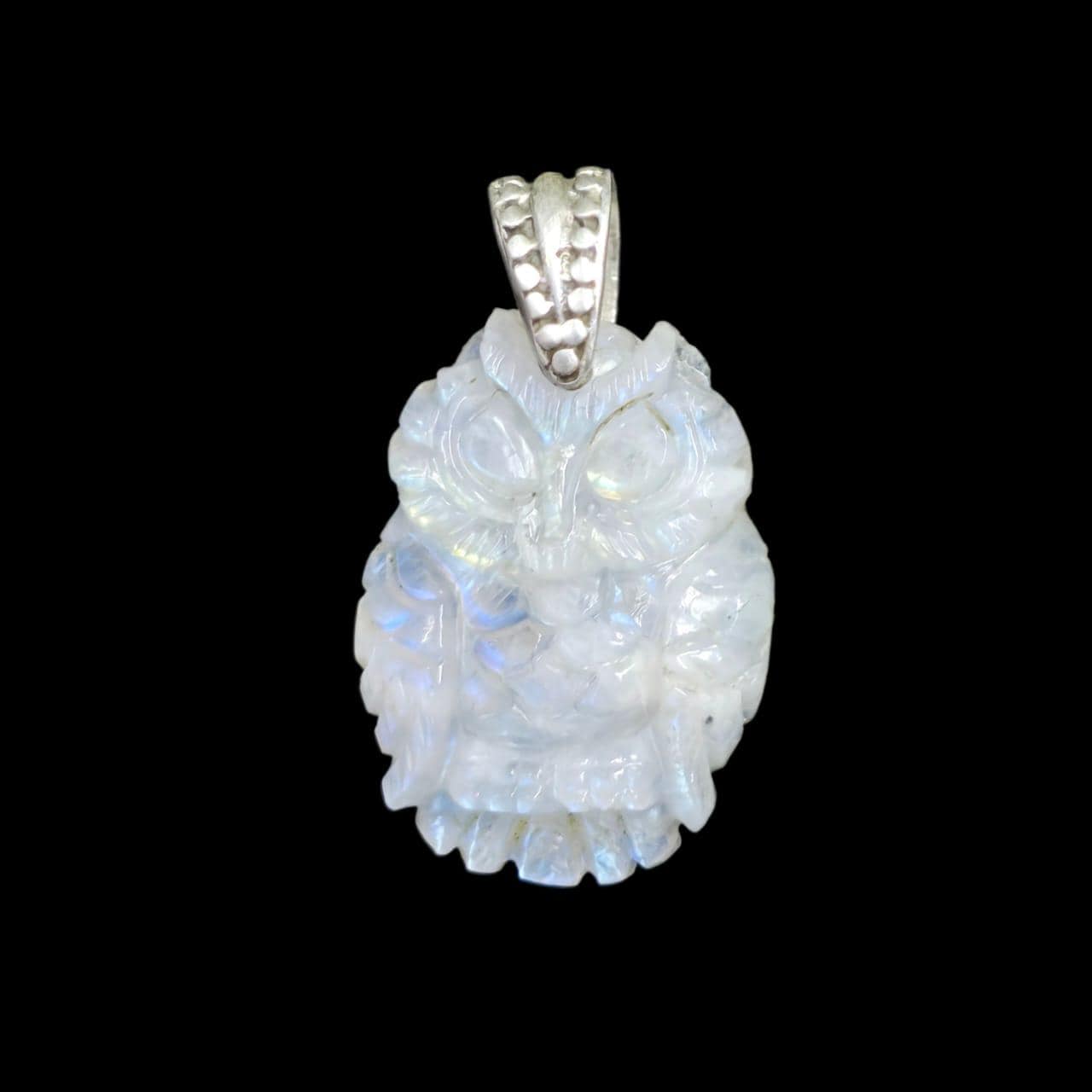 Rainbow Moonstone Owl Carving: Natural Gemstone Charm (22×20×6)MM size