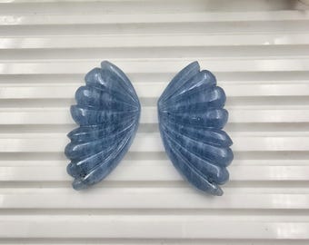 Natural Blue Aquamarine Carved Butterfly Wings Pair, Gemstone Carving for Jewelry Making (39x20mm)