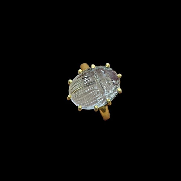 Natural Crystal Quartz Scarab Ring – Gold Tone Brass Statement Ring, Egyptian Boho Jewelry