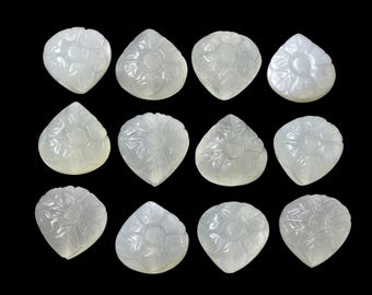 Hand Carved White Moonstone Cabochon Flower Gemstone, DIY Jewelry Making Supply (14x14x5mm) Size Cabochon Flower Jewelry Charm