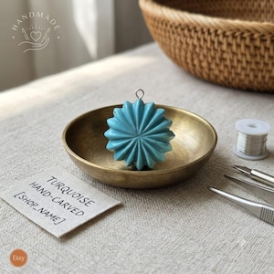 Pendentif fleur sculptée à la main en turquoise naturelle - Anneau en argent sterling fait main - Style Art déco - Pièce unique - Fournitures pour la création de bijoux