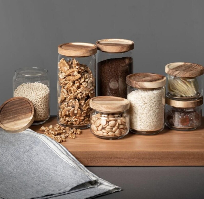 Glass Food Jars Acacia Wood Lid Kitchen Storage Homeware Etsy