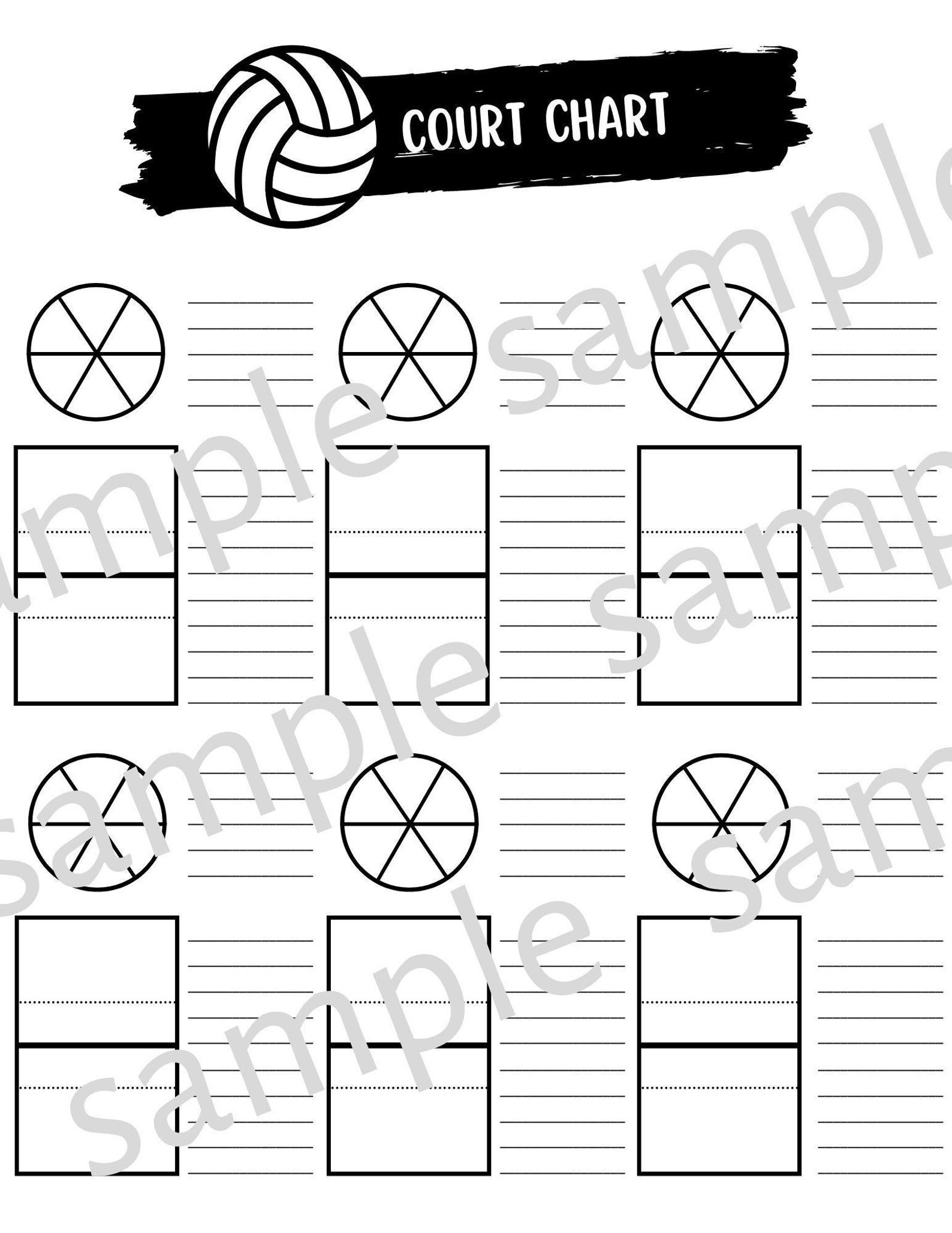 Volleyball 6 Court Chart for Coaches 8.5x11 Digital Download set of 4