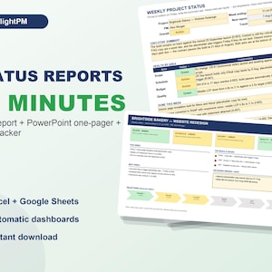 Può includere: Un set di modelli di gestione progetti digitale intitolato GreenlightPM Status Reports in Minutes. Include un documento di stato settimanale, una dashboard per il restyling del sito web Brightside Bakery e funzionalità per Excel, Google Sheets e dashboard automatiche.