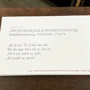 Letterpressed type specimen broadside - 24.pt MURRAY HILL - with Bob Dylan lyric