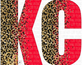May include: The letters "KC" are displayed in a black and gold leopard print with red glitter. The letters are outlined in black and have a white background.