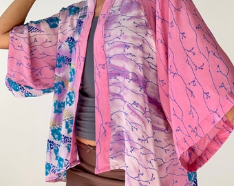 Zijden kimono topper open voorkant lichtgewicht buitenste cover-up zomer pastel luchtige zijden blouse onregelmatig gesneden casual zijden tuniek bolero top