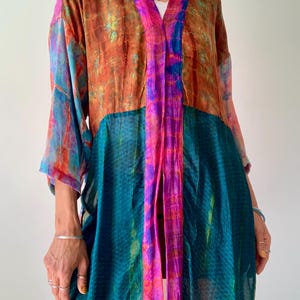 patchwork silk robe midi shirt wrap tie over coat house duster lightweight morning gown colorful night gown boho style kimono beach shirt