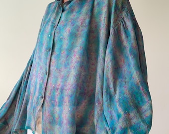 Silk blouse with puffed sleeve boho style top for daily wear summer loose oversized tunic light breezy top for casual wear tie dye silk