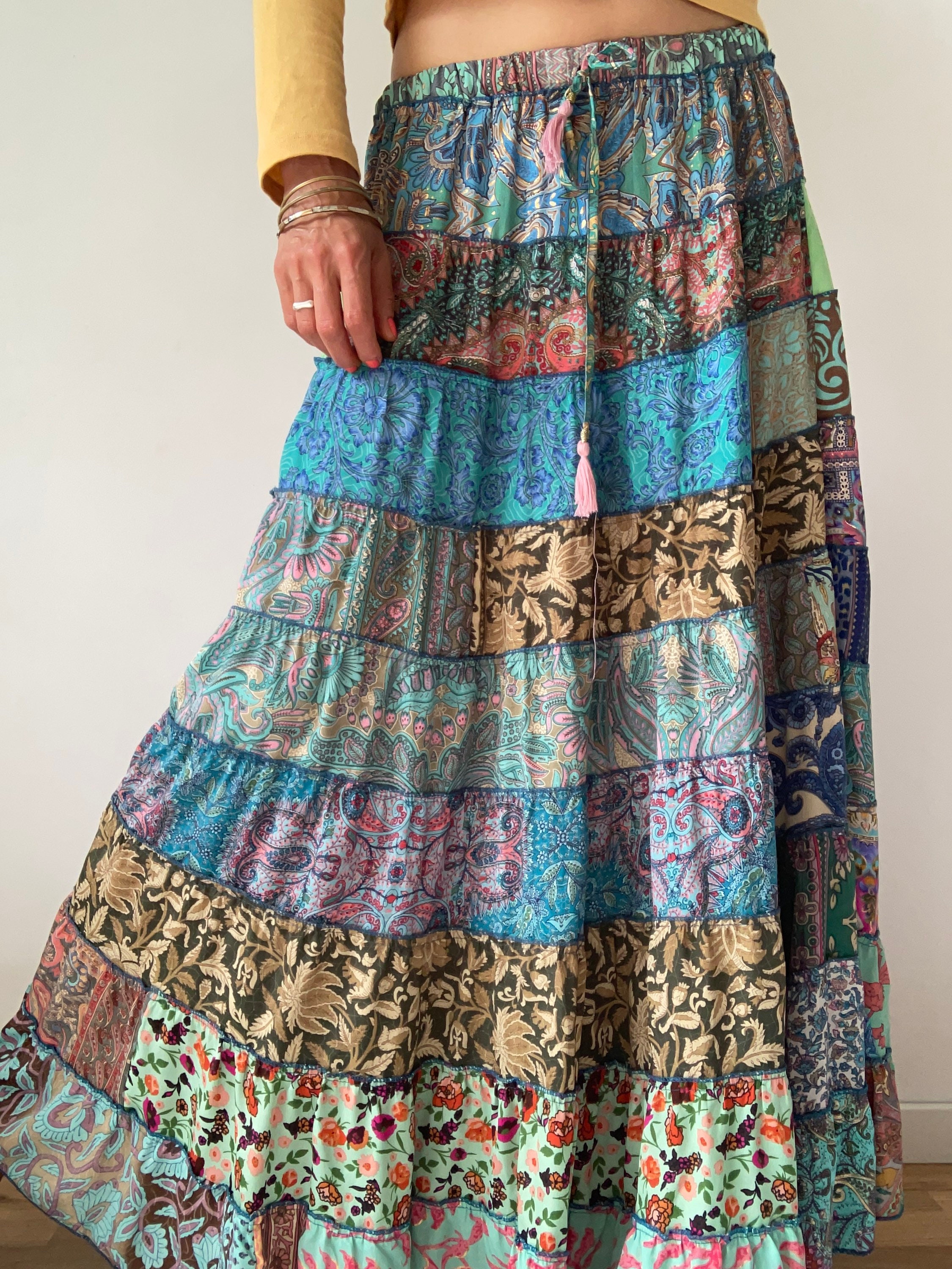 Blue Frilled Patchwork Maxi Skirt Summer Fun Flared Tiered - Etsy