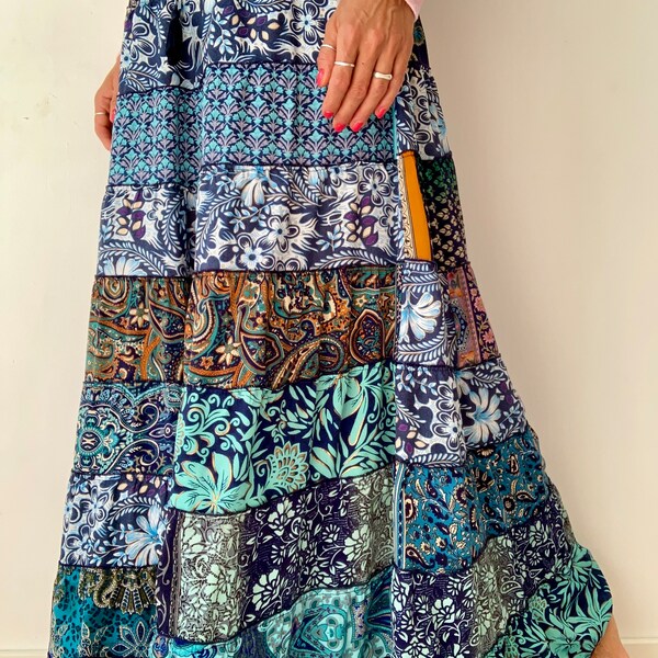 Handmade Ethnic Print Patchwork Crinkled Broomstick Boho Long Skirt