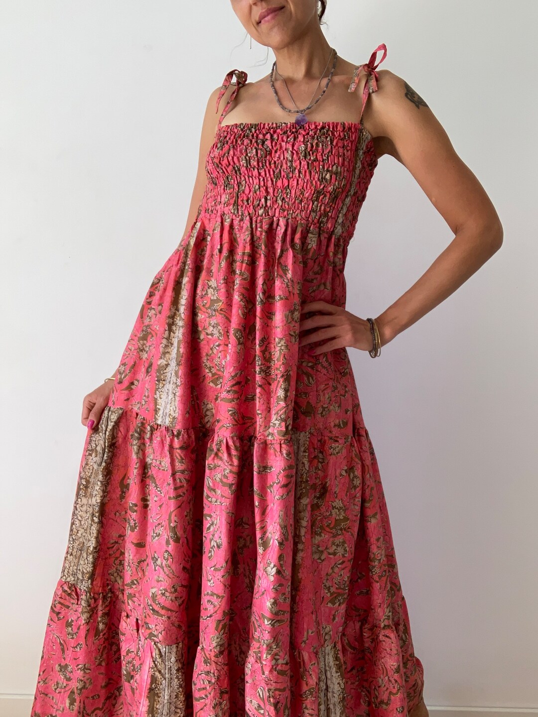Back Ties Floral Maxi Dress in Pink