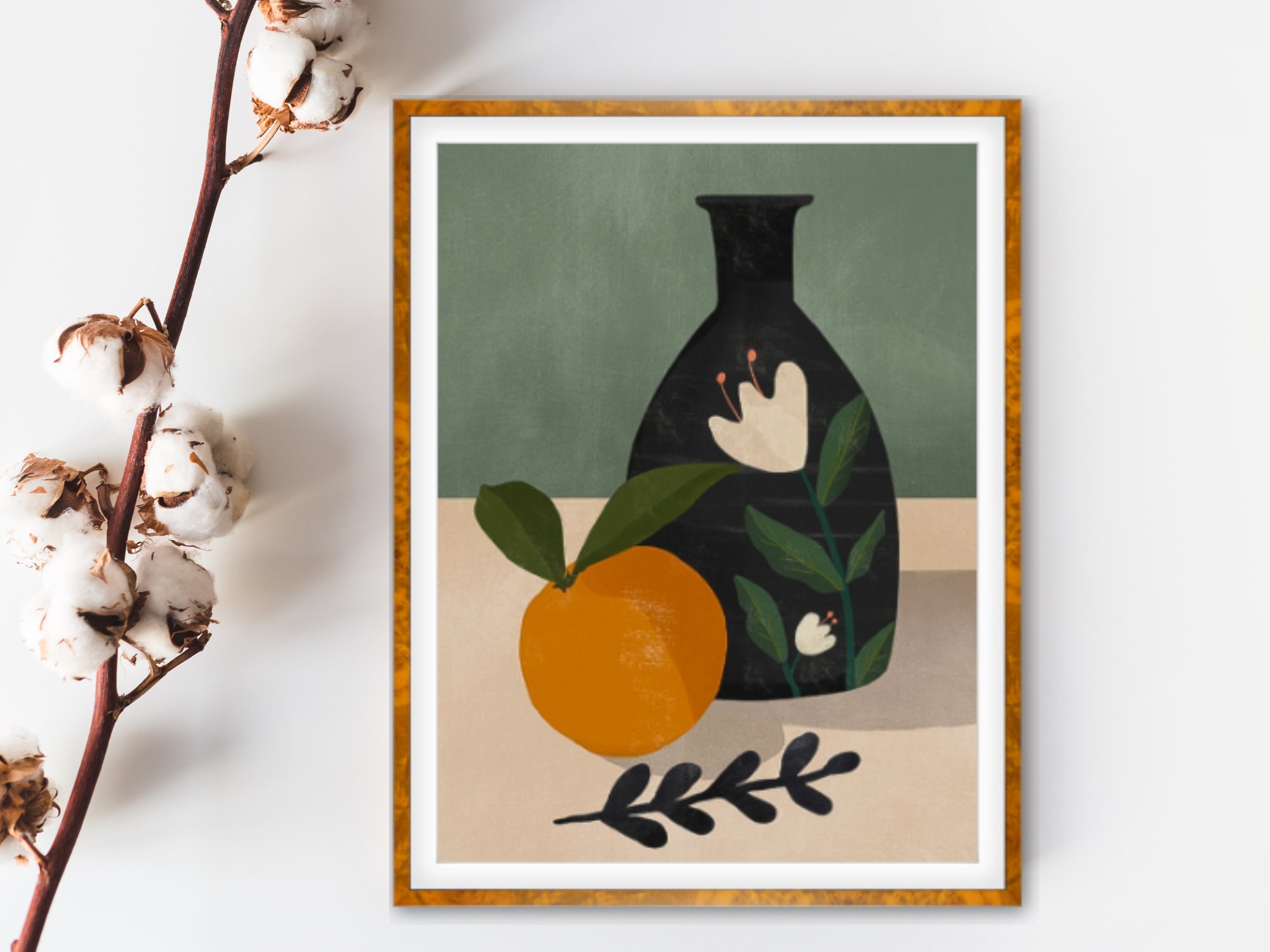 Poster - Illustration d'art Abstrait Moderne Fruit et Vase Imprimé sur Papier Satin de Qualité Musée