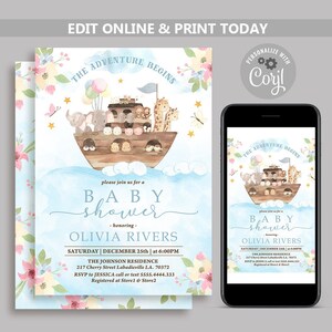 Noah&#39;s Ark Baby Shower Invitation, Editable Boho Animals Party Template, The Adventure Begins Invite, Safari Animals Baby Shower Invite N135