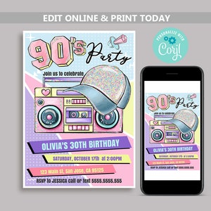 90&#39;s Birthday Invitation, 90s Party Invite, 90&#39;s Birthday Party, Back to the 90s Theme Invite, Retro 1990s Invitation, Instant Download N26