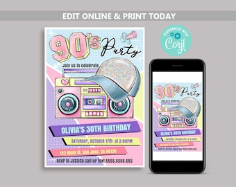 90s Birthday Party Invitation: Retro Theme, Instant Download