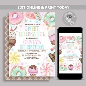 Editable Sweets Candy Invitation, Sweet Candy Birthday Invite, Sweet Celebration Birthday Invitations, Candy Land Invites, Sweet One N154