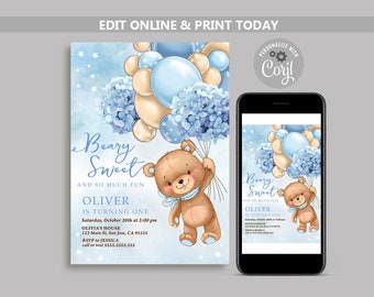 Teddy Bear Birthday Invitation: Blue Balloons, Boy 1st Birthday (Digital Download)
