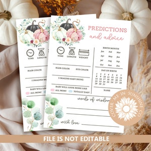Jeu de pronostics pour bébé, thème automne, cartes de pronostics et conseils pour bébé, jeu de baby shower citrouille à imprimer, shower de fleurs d'automne