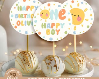 Adornos para cupcakes de primer cumpleaños de niño: Decoración para fiesta del sol (Plantilla imprimible y editable)