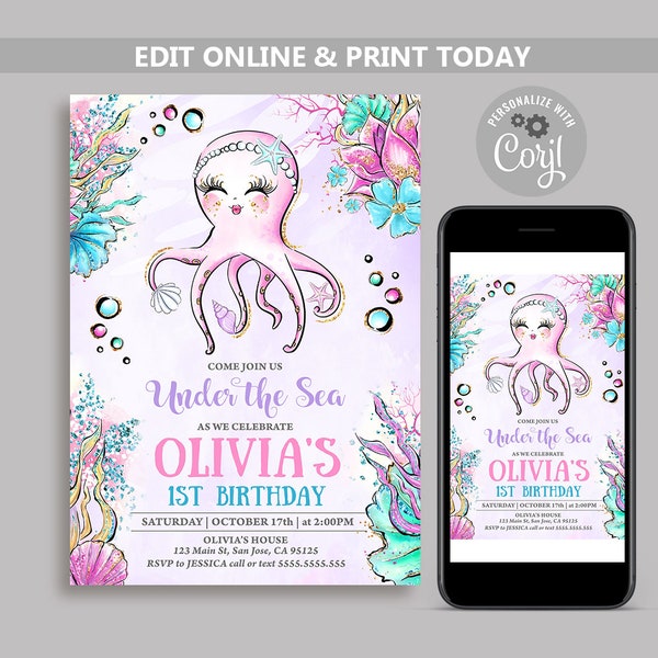 Under The Sea Birthday Invitation, Editable Ocean Animals Party Invite Template, Nautical Kid's Birthday, Cute Octopus Birthday Invites N99