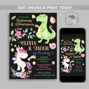Unicorn and Dinosaur Birthday Invitation, Magical Birthday invite, Sibling Birthday, Joint Birthday, Unicorns, Dinosaurs Split Party N123