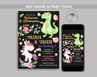 Unicorn Dinosaur Birthday Invitation: Joint Sibling Party (Digital)
