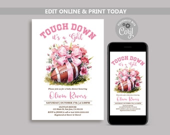May include: A baby shower invitation with a watercolour design. The invitation features a football with a pink bow and floral arrangement. The text reads "Touch Down it's a Girl" and includes event details and RSVP information.