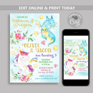 Unicorn and Dragon Birthday Invitation, Magical Birthday Party invite, Sibling Birthday, Joint Birthday, Unicorns & Dragons Split Party N122