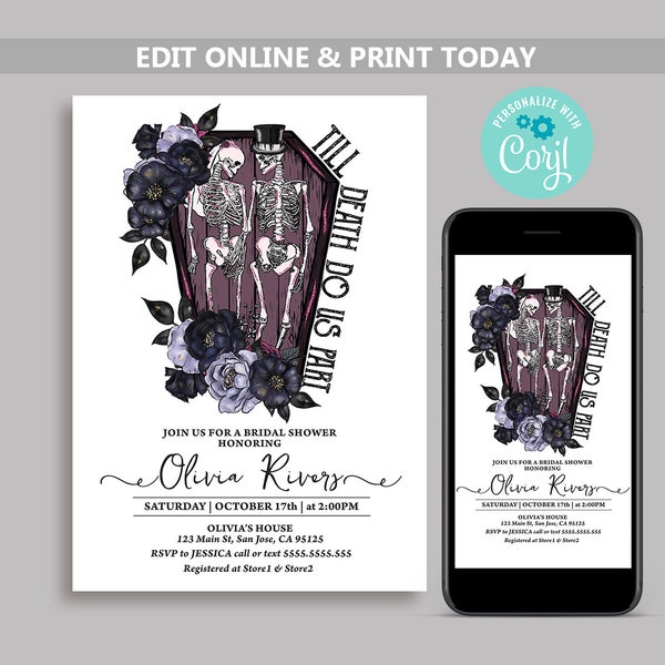 Gothic Bridal Shower Invitations, Halloween Bridal Shower Invitation Template, Coffin Bridal Shower Invite, Til Death Do Us Part N64