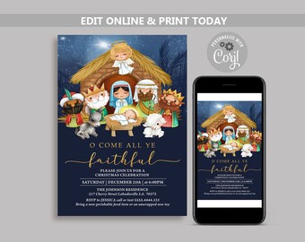 Puede incluir: Una invitación navideña azul con una ilustración de acuarela de la escena de la natividad. El texto dice "O Come All Ye Faithful" e incluye detalles para una celebración navideña el 25 de diciembre.