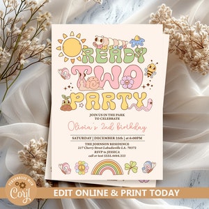 Ready Two Party Invitation Template, Groovy 2nd Birthday Invite, Spring Garden Party Invitation Retro Flowers, Pool Party 2nd Birthday N248