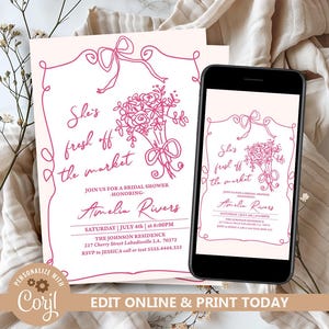 Pink Fresh off the Market Invitation Fresh off the Market Bridal Shower Bachelorette Party Hand Drawn Flower Bouquet Editable Invitation