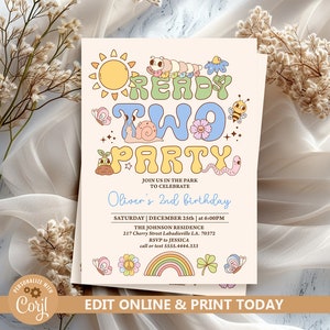 Ready Two Party Invitation Template, Groovy 2nd Birthday Invite, Spring Garden Party Invitation Retro Flowers, Pool Party 2nd Birthday N248