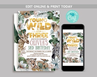 May include: A printable invitation for a 3rd birthday party with a jungle theme. The invitation features a gold and white design with the text "Young Wild and Three" and a giraffe, zebra, cheetah, and hummingbird. The invitation is personalized with the name "Olivia's 3rd Birthday".