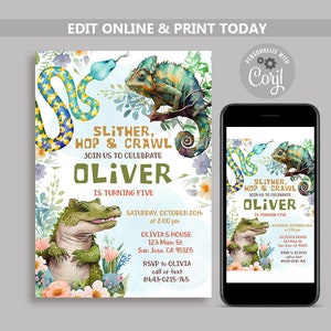 Reptile Birthday Invitation: Lizard, Snake, Editable Template
