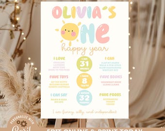 One Happy Girl Birthday Milestone Poster Girl First Birthday Milestone Poster Template Party Sign Pastel Stats Board My First Year Sign N283