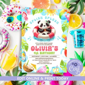 May include: A colorful invitation for a pool party with a panda bear wearing a life preserver. The invitation says "Splish Splash Olivia's 4th Birthday" and includes details about the party, including the date, time, and location. The invitation is decorated with tropical leaves, a pineapple, a coconut, and a watermelon.