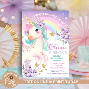 Unicorn Birthday Invitation Rainbow Unicorn Party Gold Glitter Pink Girl Magical Day Invites Digital Editable Printable Download