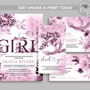 Girl Dragon Baby Shower Invitation Set: Pink Greenery (Digital Download)