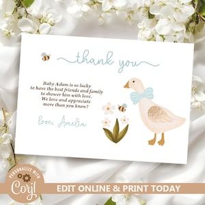 Junge Gans Babyparty Dankeskarten Vorlage, Einfache Mama und Baby Gans Blau, Gans Babyparty Einladen, Digital Download N264