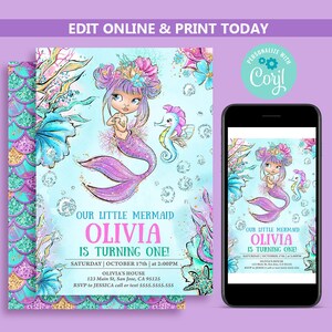 Editable Mermaid Birthday Party Invitation, Girl Pink Purple Gold Mermaid Birthday, Under The Sea birthday invites, Pool Party Template N15