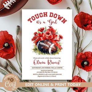 Football Baby Shower Invitation Template, Tailgate DIY Red Bow Girl Baby Shower Invite, Touchdown Baby Shower, Football Baby Sprinkle N213