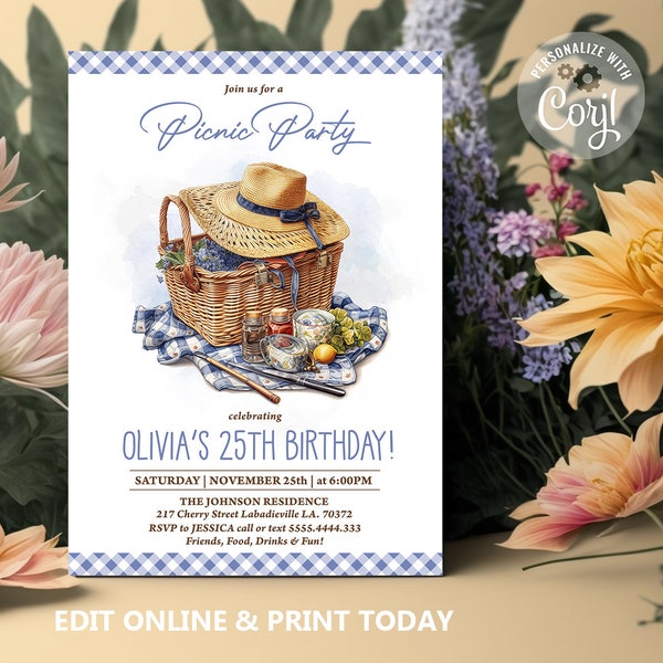 Picnic Birthday Party Invitation, Garden Backyard Party, Summer Party Invite, 20th 30th 40th 50th Adult birthday invitations template N184