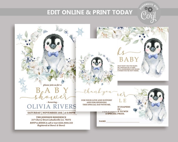 Penguin Baby Shower Invitation Bundle: Winter Wonderland Set (Digital Download)