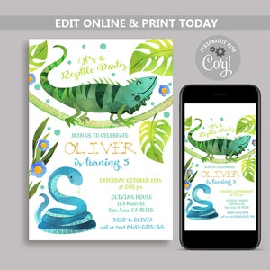 Reptile Birthday Party Invitation Boy, Editable Reptile Show Party Invite, Modèle d’anniversaire de lézard et de serpent, tout âge Invitation d’anniversaire N120