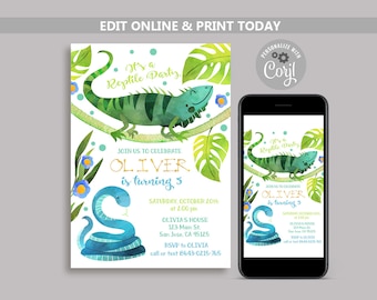 Puede incluir: Una invitación imprimible para una fiesta de cumpleaños con temática de reptiles. La invitación presenta un iguana verde y una serpiente azul en una rama con hojas verdes. El texto de la invitación dice "Es una fiesta de reptiles" y "Únete a nosotros para celebrar que Oliver cumple 5 años".