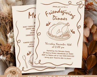 May include: Two cream-colored Friendsgiving dinner invitations with brown text and illustrations. The invitations feature a turkey, menu, and event details. The text includes "Friendsgiving Dinner" and "Thursday November 16th at 2:00 pm."